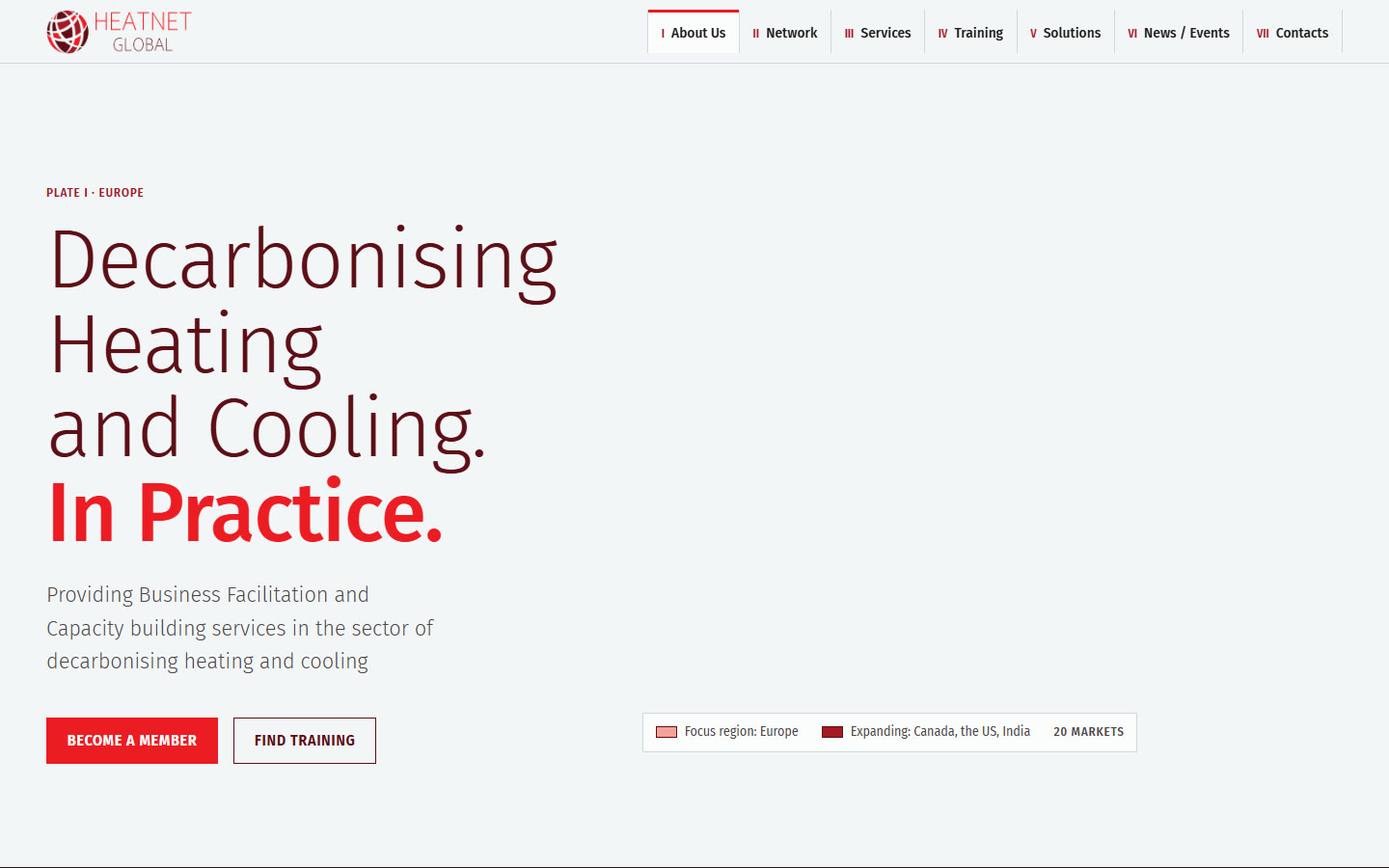 Start page of the Heatnet Global website: the headline 'Decarbonising Heating and Cooling. In Practice.', the buttons Become a member and Find training, and a globe with Europe and the network's expansion markets